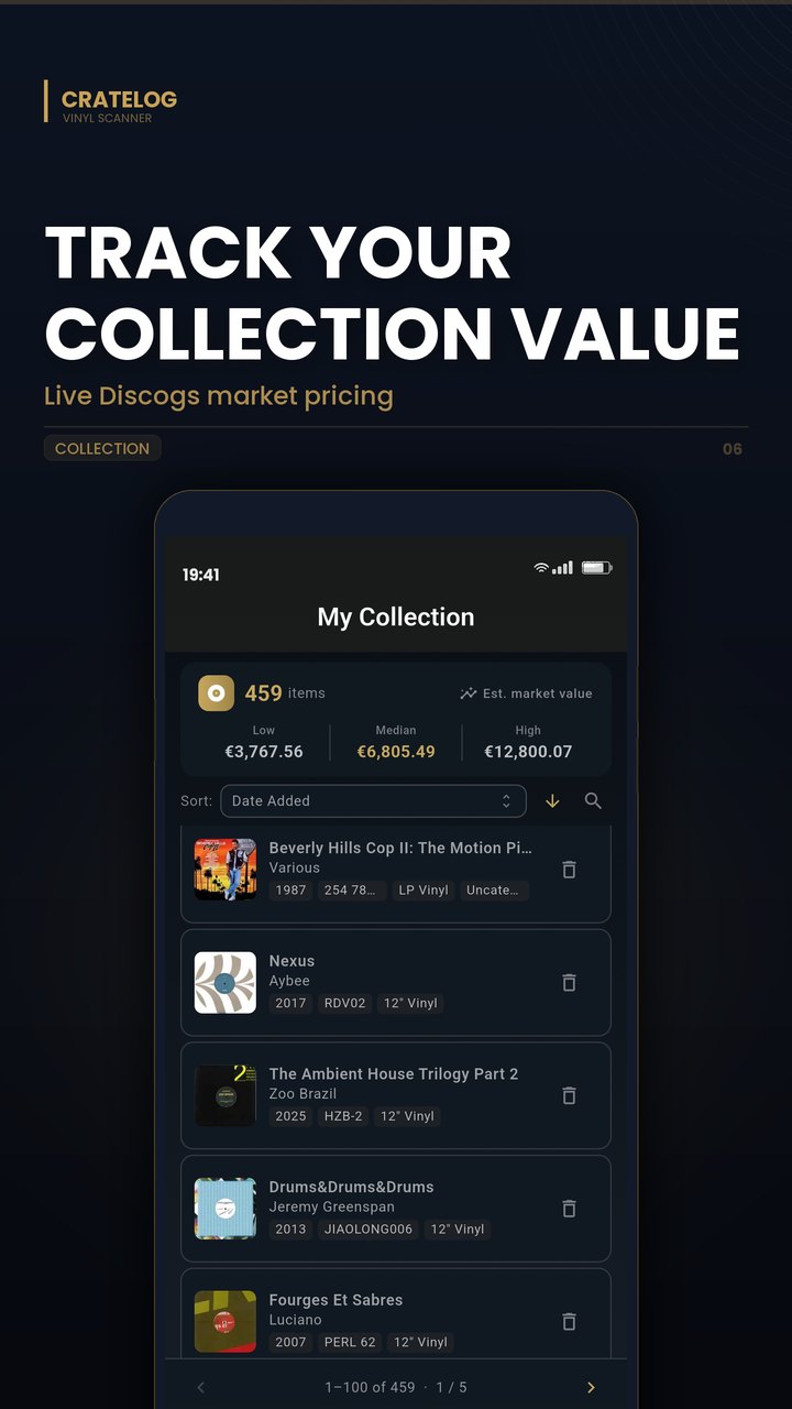 Collection screen with live Discogs market value